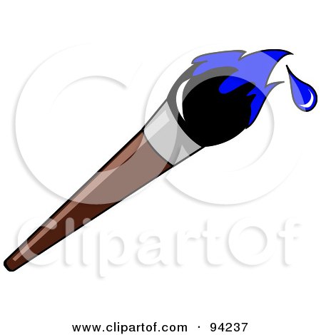 Royalty-Free (RF) Clipart Illustration of a Wooden Artist's Paintbrush With Blue Dripping Paint On The Tip by Pams Clipart