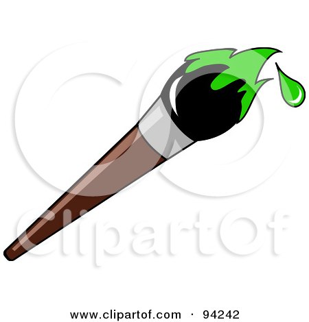 Royalty-Free (RF) Clipart Illustration of a Wooden Artist's Paintbrush With Green Dripping Paint On The Tip by Pams Clipart