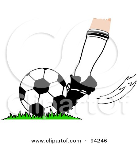 Royalty-Free (RF) Clipart Illustration of a Player's Foot Kicking A Soccer Ball On A Field by Pams Clipart