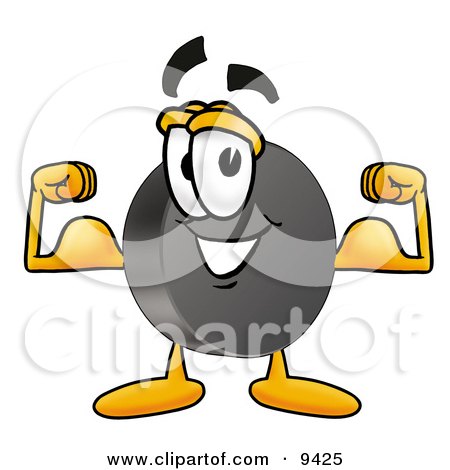 Clipart Picture of a Hockey Puck Mascot Cartoon Character Flexing His Arm Muscles by Mascot Junction