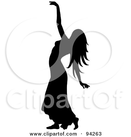 Royalty-Free (RF) Clipart Illustration of a Graceful Black Silhouetted Woman Dancing In A Dress by Pams Clipart