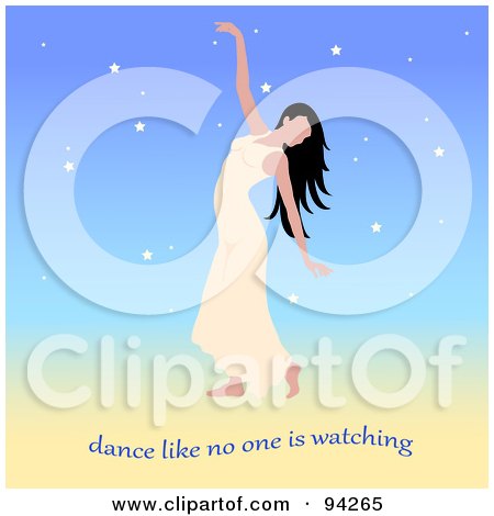 Royalty-Free (RF) Clipart Illustration of a Graceful Lady Dancing In A White Gown Over A Starry Background, With Dance Like No One Is Watching Text by Pams Clipart