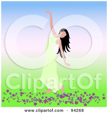 Royalty-Free (RF) Clipart Illustration of a Graceful Lady Dancing In A Green Dress Over Flowers by Pams Clipart