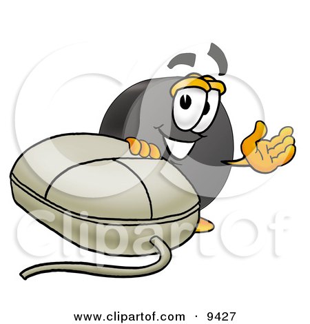 Clipart Picture of a Hockey Puck Mascot Cartoon Character With a Computer Mouse by Mascot Junction