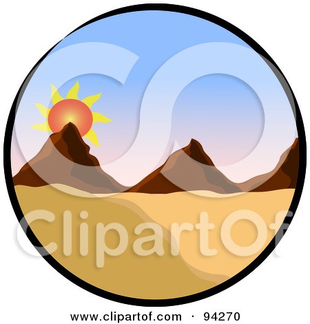 Royalty-Free (RF) Clipart Illustration of a Circle Scene Of A Sun Rising Over Mountains In A Desert Landscape by Pams Clipart