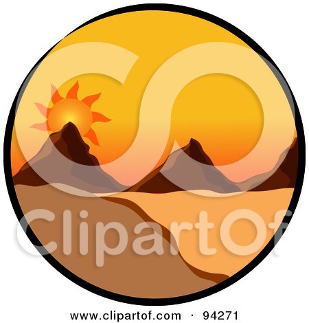 Royalty-Free (RF) Clipart Illustration of a Circle Scene Of A Sun Setting Over Mountains In A Desert Landscape by Pams Clipart