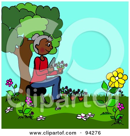 Royalty-Free (RF) Clipart Illustration of a Senior African American Woman Planting Flowers In Her Yard by Pams Clipart