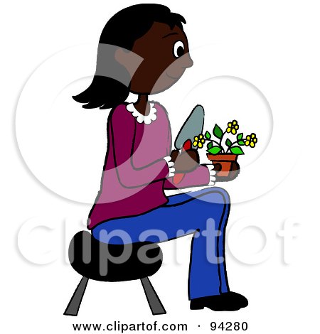 Royalty-Free (RF) Clipart Illustration of a Pleasant African American Woman Sitting On A Stool And Gardening by Pams Clipart