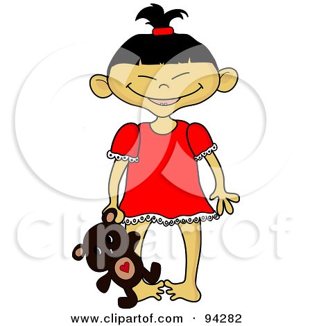 Royalty-Free (RF) Clipart Illustration of a Little Asian Girl In Her Pjs, Holding Her Teddy Bear At Her Side by Pams Clipart