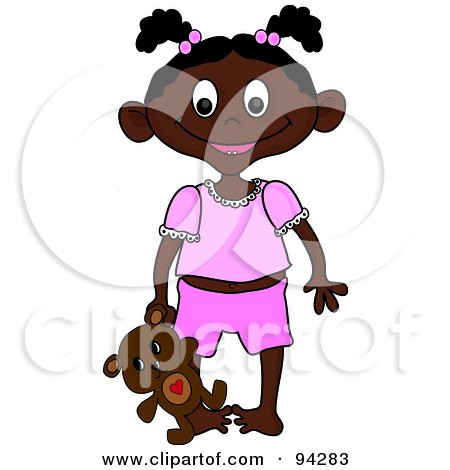 Royalty-Free (RF) Clipart Illustration of a Little African American Girl In Her Pjs, Holding Her Teddy Bear At Her Side by Pams Clipart