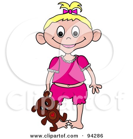 Royalty-Free (RF) Clipart Illustration of a Little Caucasian Girl In Her Pjs, Holding Her Teddy Bear At Her Side by Pams Clipart