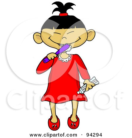 Royalty-Free (RF) Clipart Illustration of a Little Asian Girl Brushing Her Teeth Before Bed Time by Pams Clipart