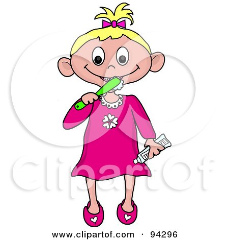 Royalty-Free (RF) Clipart Illustration of a Little Caucasian Girl Brushing Her Teeth Before Bed Time by Pams Clipart