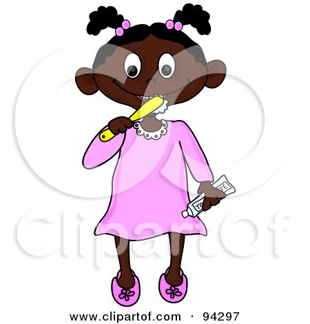 Royalty-Free (RF) Clipart Illustration of a Little African American Girl Brushing Her Teeth Before Bed Time by Pams Clipart