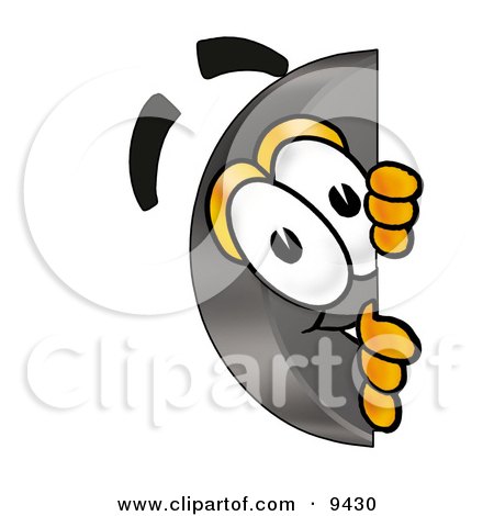 Clipart Picture of a Hockey Puck Mascot Cartoon Character Peeking Around a Corner by Mascot Junction