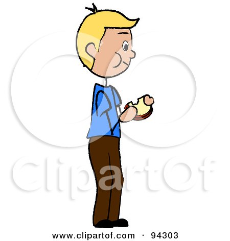 Royalty-Free (RF) Clipart Illustration of a Blond Caucasian Boy Standing And Eating A Sandwich by Pams Clipart