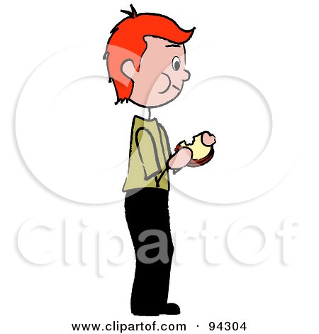 Royalty-Free (RF) Clipart Illustration of a Red Haired Caucasian Boy Standing And Eating A Sandwich by Pams Clipart