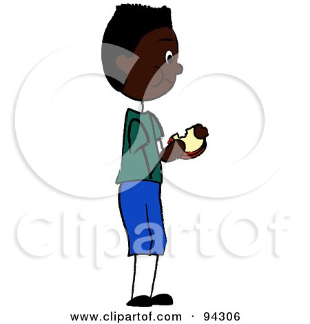 Royalty-Free (RF) Clipart Illustration of an African American Boy Standing And Eating A Sandwich by Pams Clipart