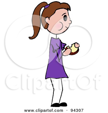 Royalty-Free (RF) Clipart Illustration of a Brunette Caucasian Girl Standing And Eating A Sandwich by Pams Clipart