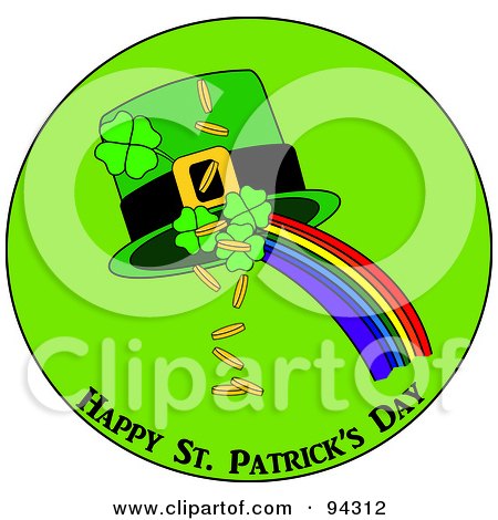 Royalty-Free (RF) Clipart Illustration of a Happy St. Patrick's Day Greeting Of Clovers, Gold, Rainbow And Hat In A Circle by Pams Clipart