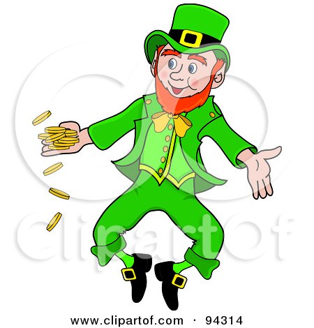 Royalty-Free (RF) Clipart Illustration of a Happy Leprechaun Man Jumping And Tossing Gold Coins by Pams Clipart