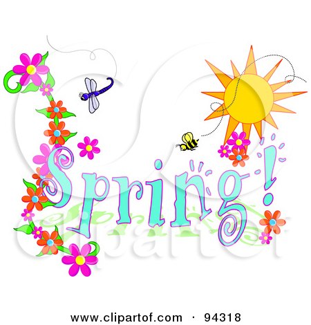 Royalty-Free (RF) Clipart Illustration of a Spring Time Greeting With A Dragonfly, Bee And Flowers Under The Sun by Pams Clipart