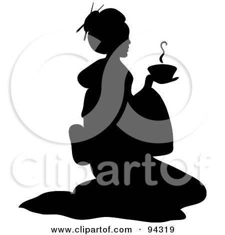 Royalty-Free (RF) Clipart Illustration of a Black Silhouette Of A Geisha Sitting On A Pillow And Holding Hot Tea by Pams Clipart