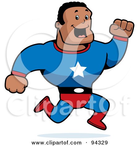 Royalty-Free (RF) Clipart Illustration of a Black Male Action Hero Running In A Blue Suit by Cory Thoman