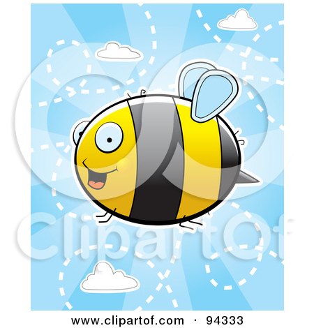 Royalty-Free (RF) Clipart Illustration of a Flying Bee In A Cloudy Blue Sky by Cory Thoman