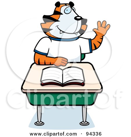 Royalty-Free (RF) Clipart Illustration of a Tiger Student Raising His Hand At A Desk by Cory Thoman