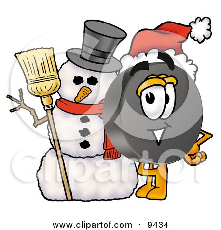 Clipart Picture of a Hockey Puck Mascot Cartoon Character With a Snowman on Christmas by Mascot Junction