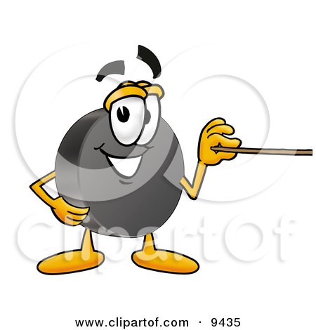 Clipart Picture of a Hockey Puck Mascot Cartoon Character Holding a Pointer Stick by Mascot Junction