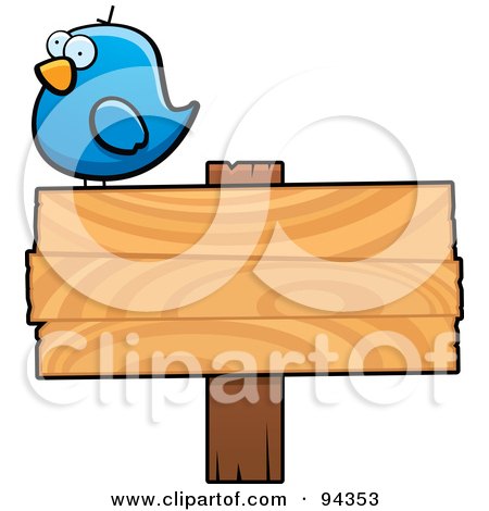 Royalty-Free (RF) Clipart Illustration of a Chubby Blue Bird Standing Atop A Wooden Sign by Cory Thoman