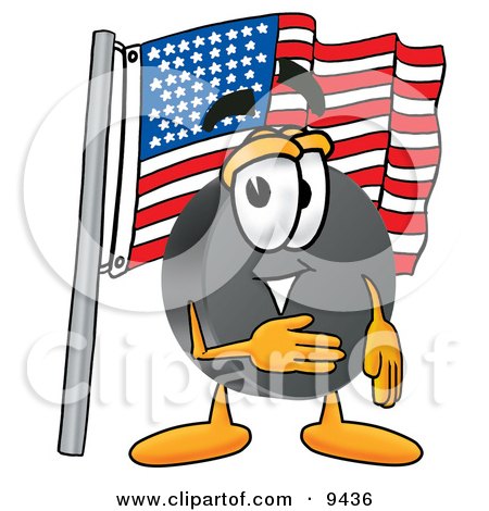 Clipart Picture of a Hockey Puck Mascot Cartoon Character Pledging Allegiance to an American Flag by Mascot Junction