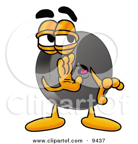 Clipart Picture of a Hockey Puck Mascot Cartoon Character Whispering and Gossiping by Mascot Junction