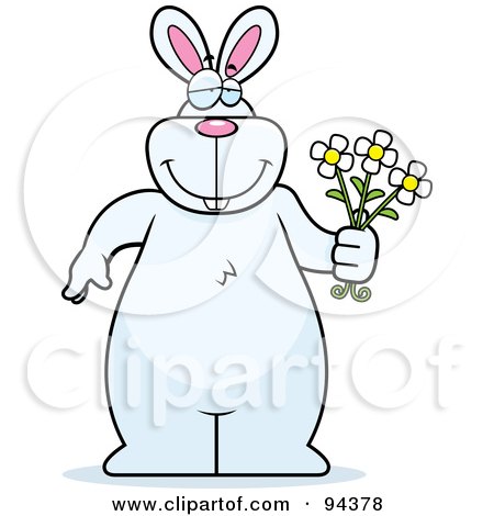 Royalty-Free (RF) Clipart Illustration of a Big White Rabbit Standing And Holding Flowers by Cory Thoman