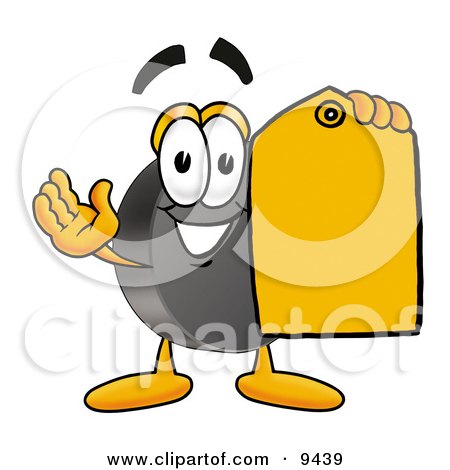 Clipart Picture of a Hockey Puck Mascot Cartoon Character Holding a Yellow Sales Price Tag by Mascot Junction