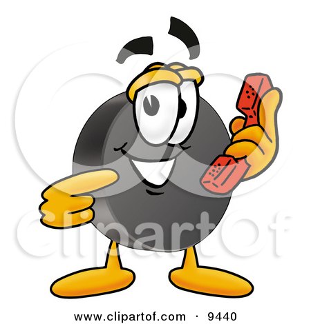 Clipart Picture of a Hockey Puck Mascot Cartoon Character Holding a Telephone by Mascot Junction