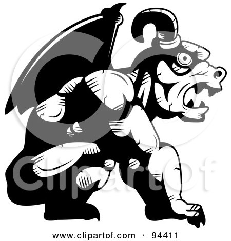 Royalty-Free (RF) Clipart Illustration of a Black And White Gargoyle Profile by Cory Thoman