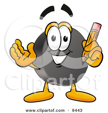 Clipart Picture of a Hockey Puck Mascot Cartoon Character Holding a Pencil by Mascot Junction