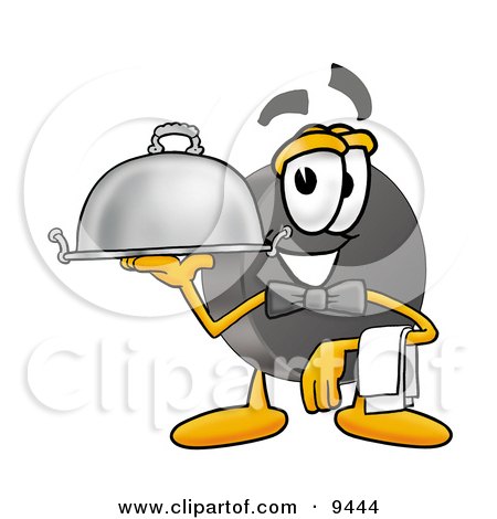 Clipart Picture of a Hockey Puck Mascot Cartoon Character Dressed as a Waiter and Holding a Serving Platter by Mascot Junction