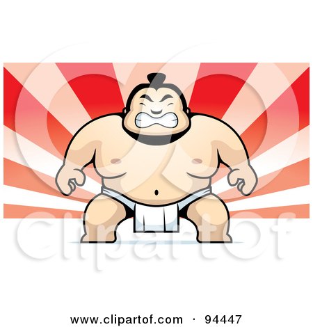 Royalty-Free (RF) Clipart Illustration of a Tough Sumo Wrestler On A Red Ray Background by Cory Thoman