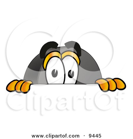 Clipart Picture of a Hockey Puck Mascot Cartoon Character Peeking Over a Surface by Mascot Junction