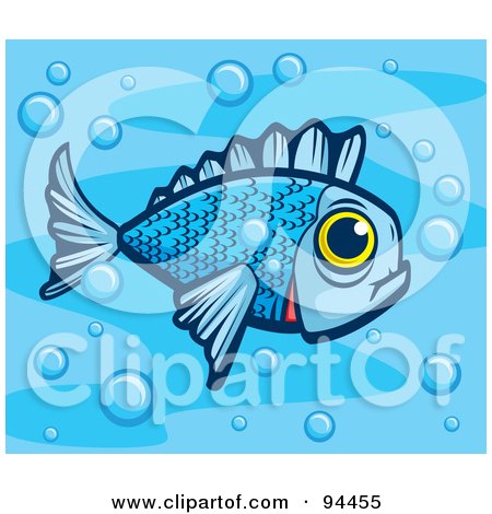 Royalty-Free (RF) Clipart Illustration of a Blue Fish With A Big Yellow Eye, In Bubbly Water by Cory Thoman