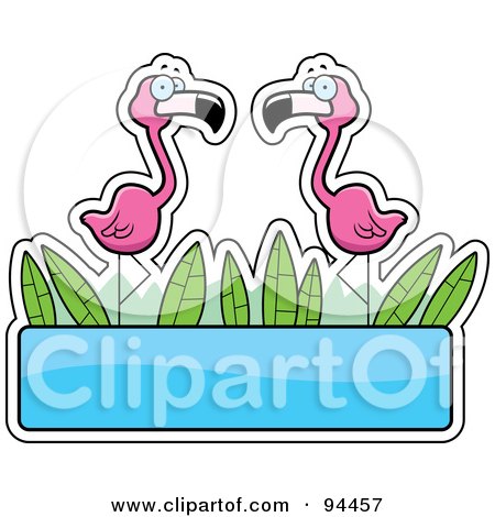 Royalty-Free (RF) Clipart Illustration of a Two Pink Flamingos Over A Blank Blue Sign by Cory Thoman