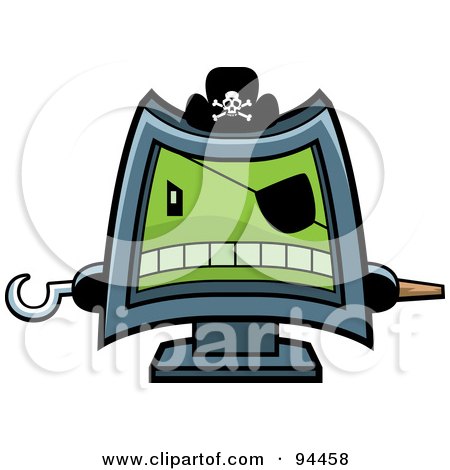 Royalty-Free (RF) Clipart Illustration of a Computer Pirate Wearing A Hat, Eye Patch And Holding Out Peg And Hook Hands by Cory Thoman