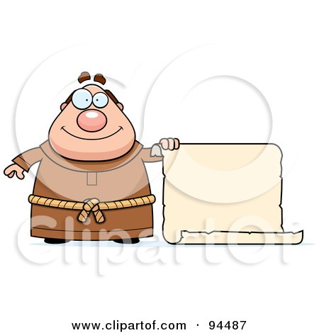 Royalty-Free (RF) Clipart Illustration of a Plump Monk Holding Out A Blank Scroll Sign by Cory Thoman