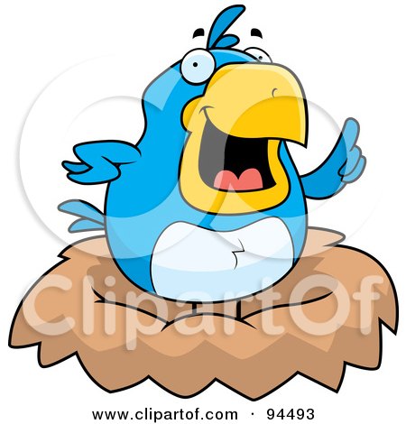 Royalty-Free (RF) Clipart Illustration of a Plump Bluebird Expressing An Idea In A Nest by Cory Thoman