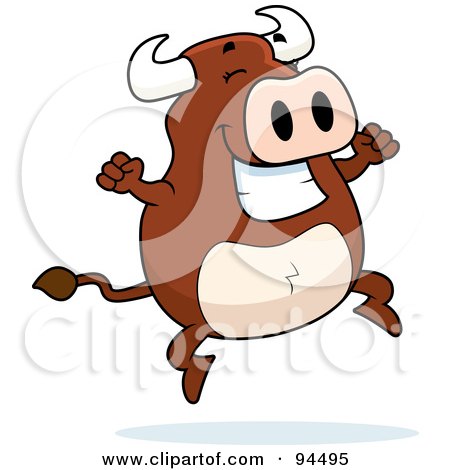 Royalty-Free (RF) Clipart Illustration of a Happy Bull Jumping And Grinning by Cory Thoman
