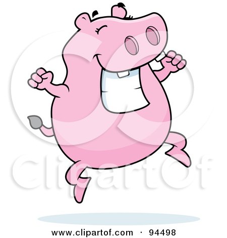 Royalty-Free (RF) Clipart Illustration of a Plump Pink Hippo Jumping And Grinning by Cory Thoman